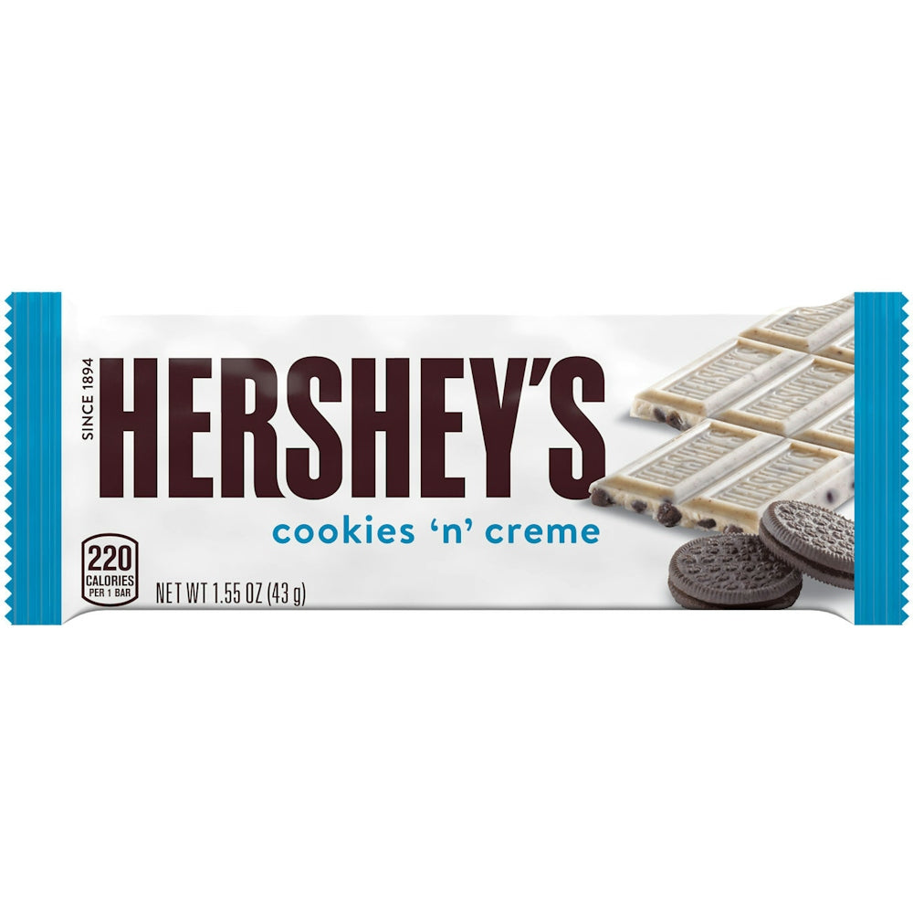 Hershey's Cookies 'n Creme candy bar, 1.45 oz, featuring white chocolate with cookie pieces, on a retail display.