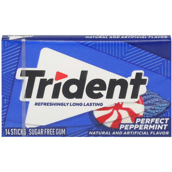 Sugar-free Trident Perfect Peppermint chewing gum in bright packaging, showcasing fresh peppermint flavor and minty candies.