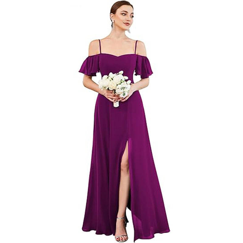 Off-shoulder chiffon maxi dress, women's evening gown in flowing fabric