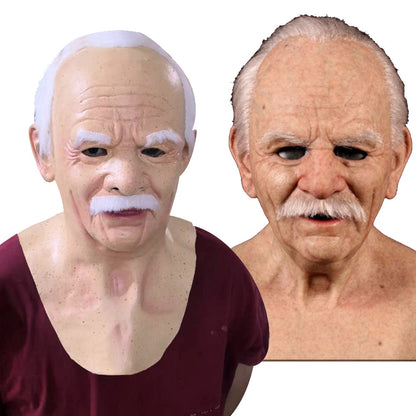 Old man mask with white hair and beard Halloween headgear, front view