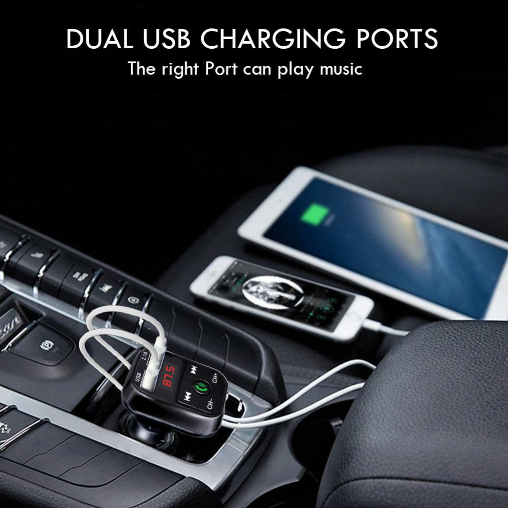 FM transmitter car charger receiver by My Store displayed in black with digital frequency screen and USB charging port