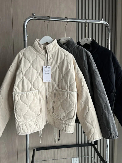 Women's diamond-quilted cotton jacket in a new arrival style, shown in detail