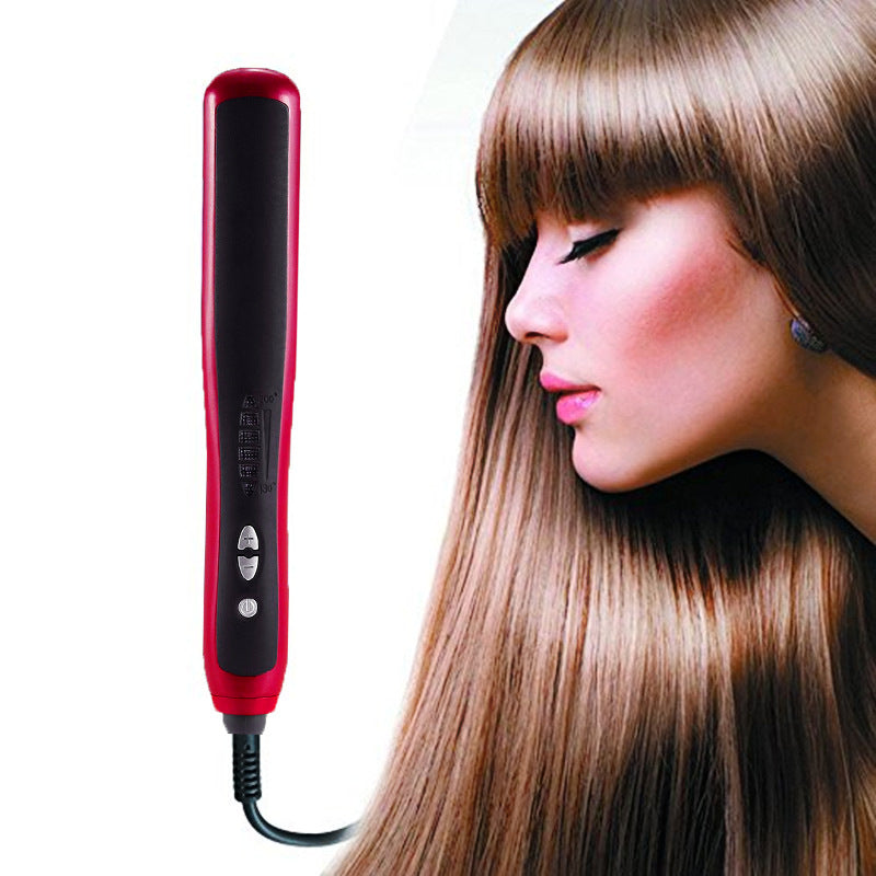 Red automatic adjustable temperature hair straightener with digital controls and sleek ergonomic design