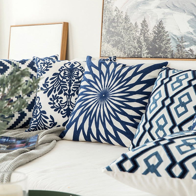 Classical embroidered home pillow cover without core, decorative fabric design, front view