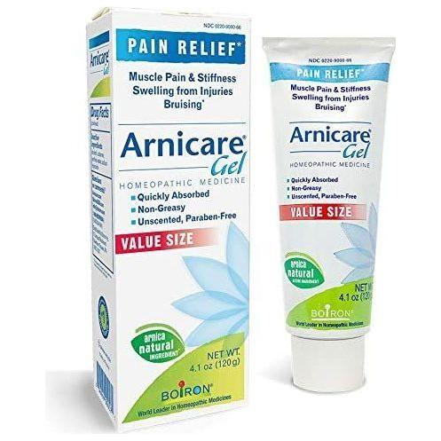 Pasteur Pharmacy Boiron Arnica Gel 1.5 oz in a tube, showing the gel’s packaging and label for pain relief and swelling reduction.