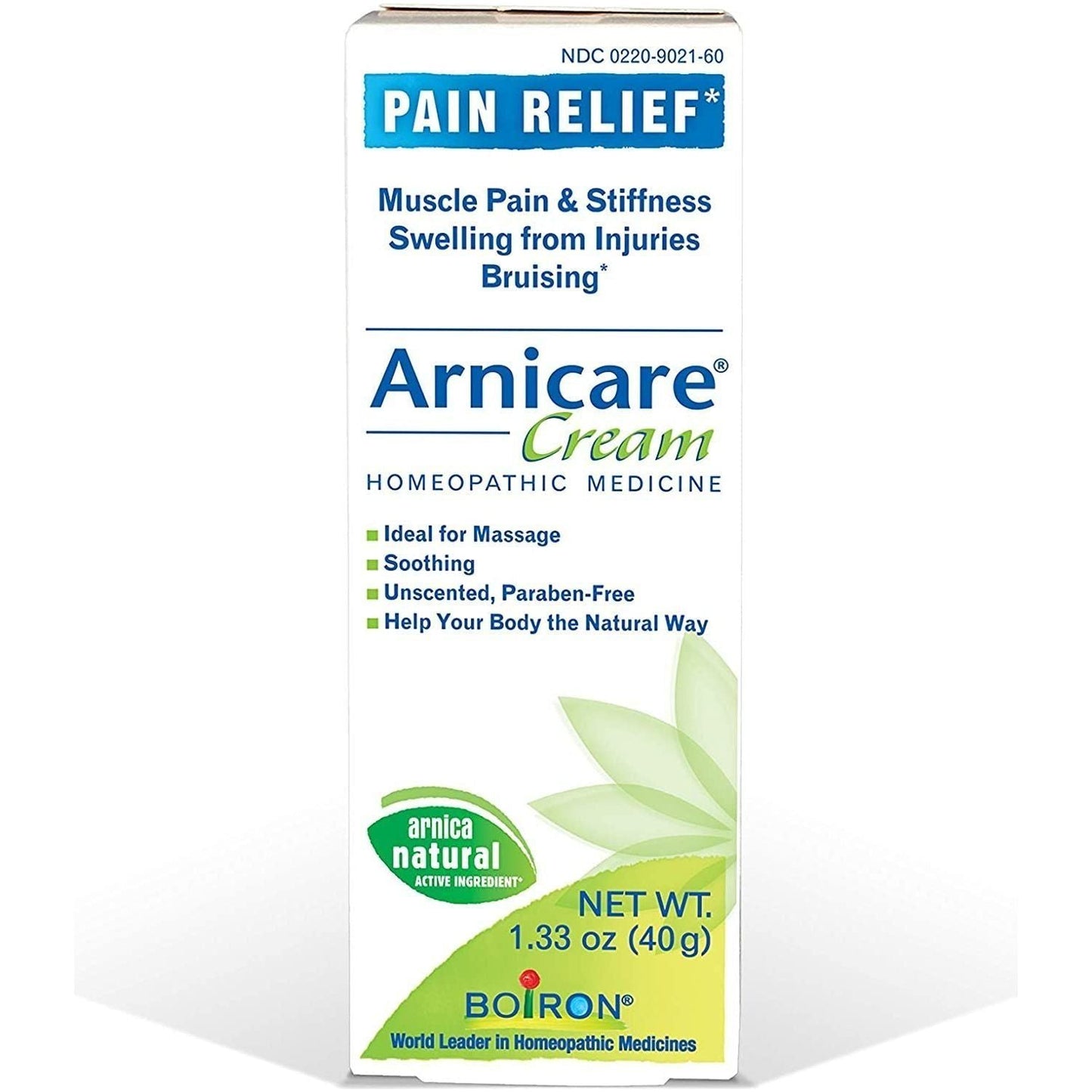 Boiron Arnicare Pain Relief Cream in 1.33 oz tube, soothing topical cream for soreness and muscle pain relief.