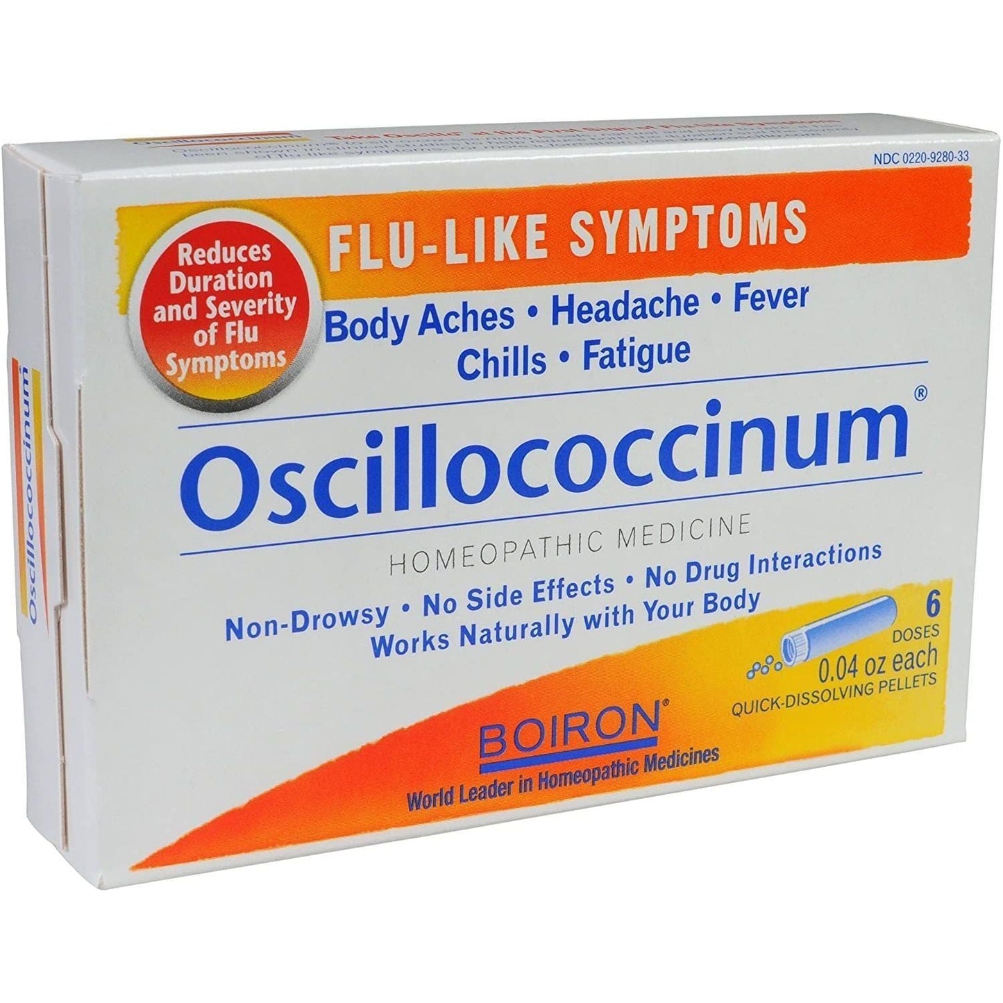 Boiron Oscillococcinum flu symptom relief homeopathic medicine in a 6-count package, used for flu-like symptoms.