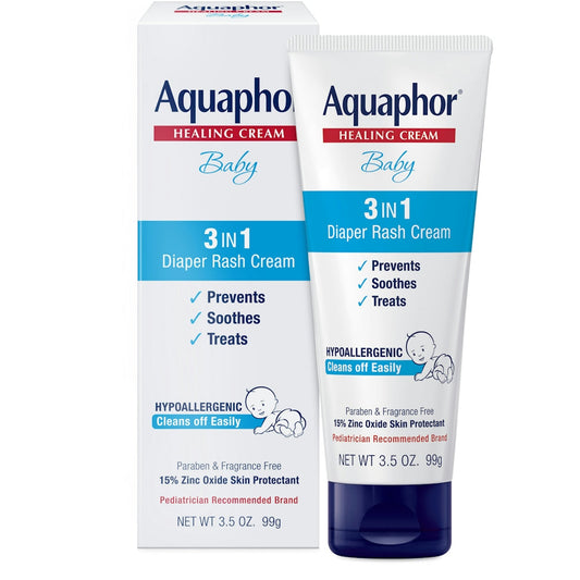 Aquaphor Baby Healing Cream for diaper rash, tube of diaper rash treatment with gentle formula, shown in the image.