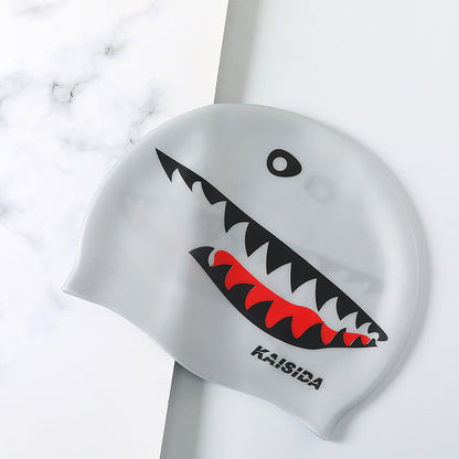 Black silicone swimming cap displayed flat for a clear view of its smooth, flexible design