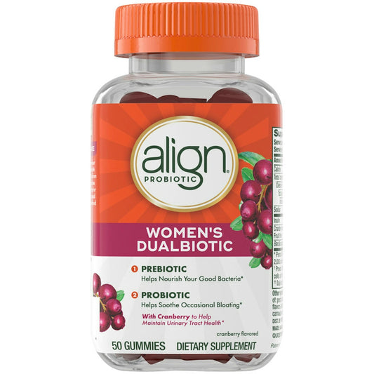 Align Women's Health prebiotic and probiotic supplement gummies with cranberry flavor, designed to support digestive health.