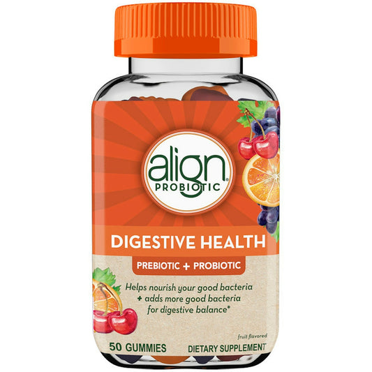 Align Digestive Health prebiotic and probiotic supplement gummies with natural fruit flavor, designed to support digestive wellness.