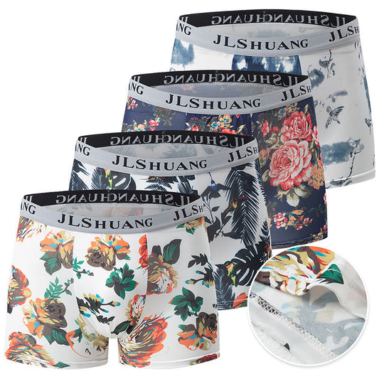 Four-pack men's boxer briefs with fashionable floral print waistband and assorted colors