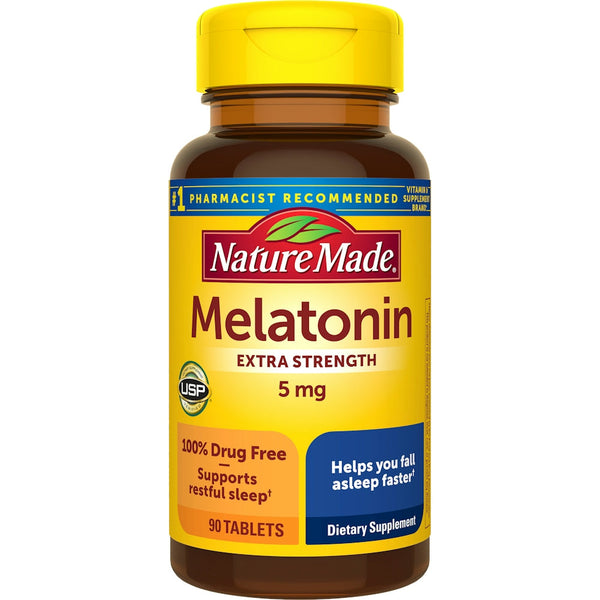 Nature Made Melatonin 5 mg extra strength sleep aid bottles with 90 tablets, dietary vitamins and supplements for restful sleep
