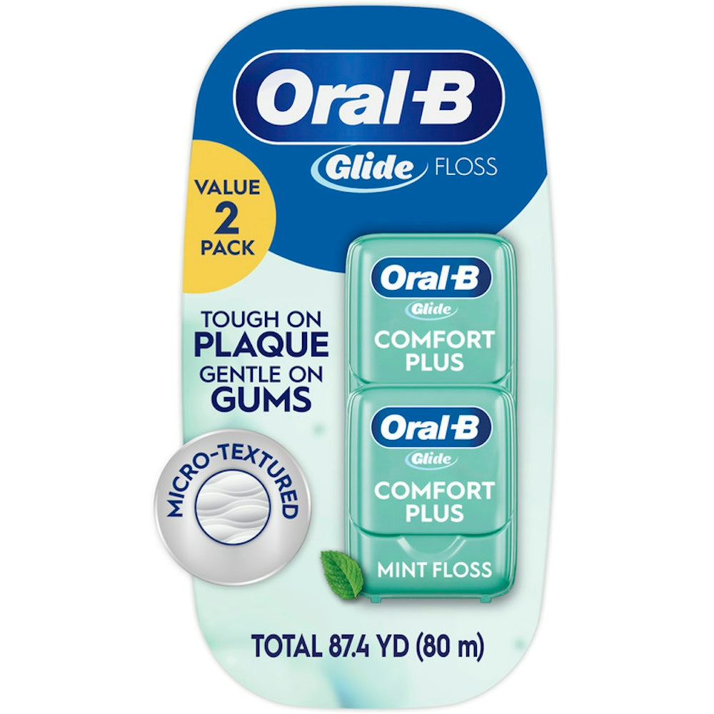 Oral-B Glide Pro-Health Comfort Plus dental floss in mint flavor, 43.7 yards, shown in a two-pack with mint-flavored dental floss.