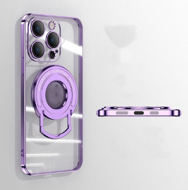 iPhone 15 transparent soft magnetic suction phone case with electroplated finish and invisible pull-rod bracket