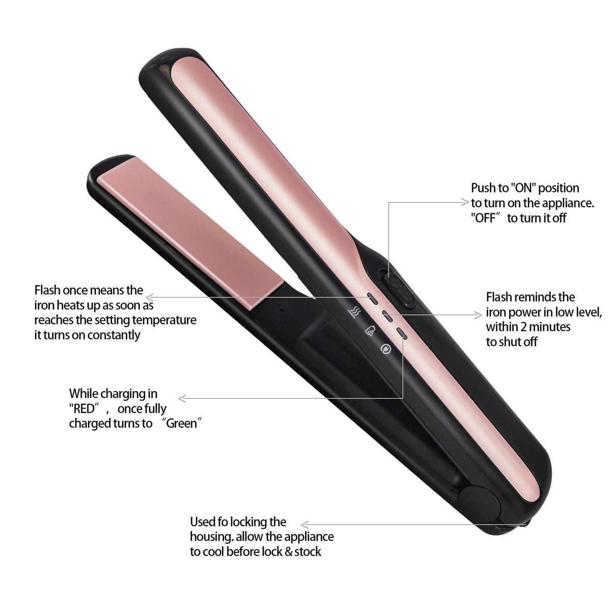 USB wireless charging hair straightener, cordless design with sleek styling plates and compact handle