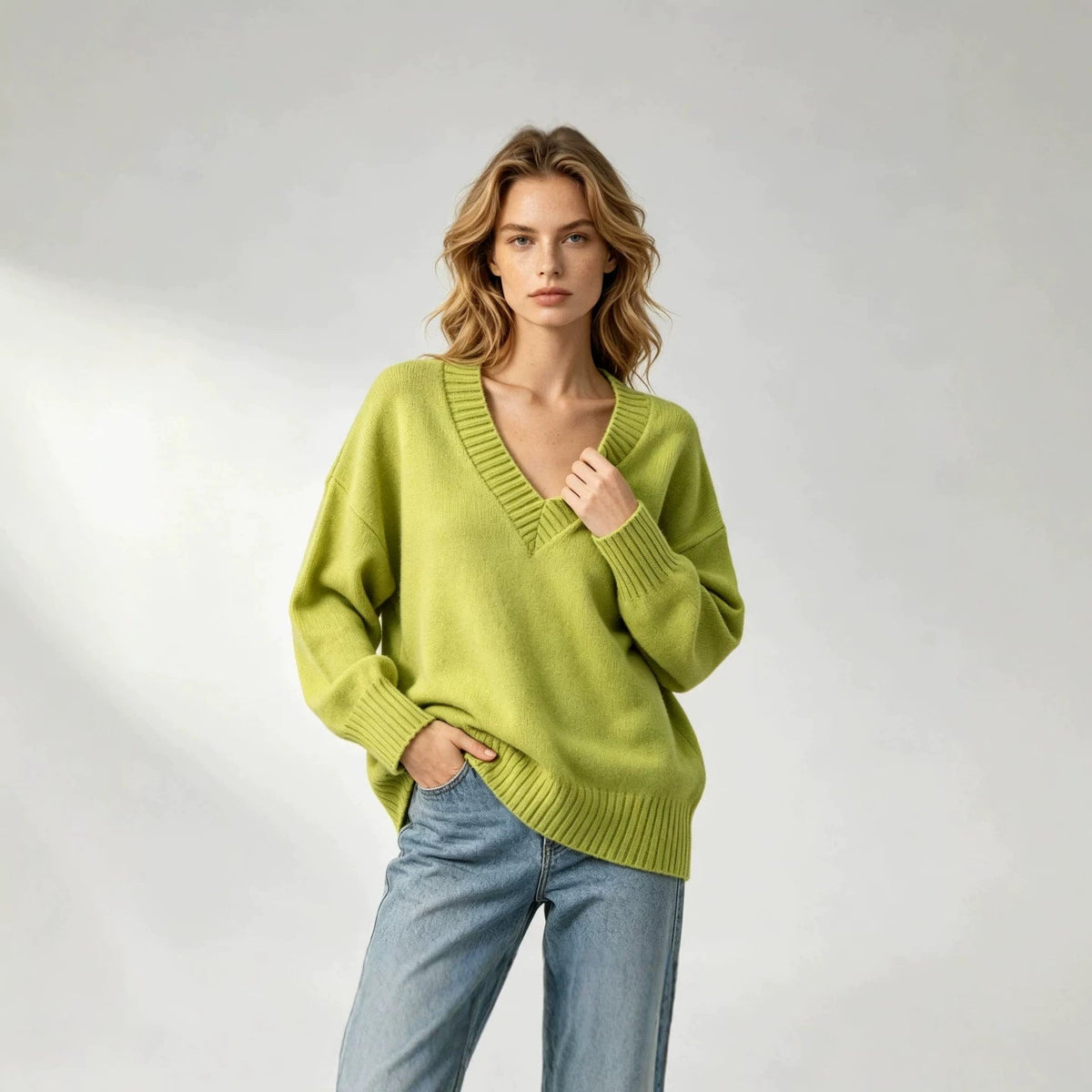 Women's loose-fit V-neck casual all-match knit sweater in a relaxed style