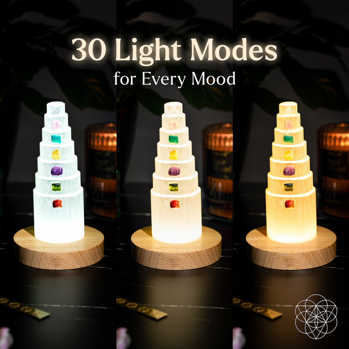 Conscious Items Stress Shield Lamp night light with 7 healing stones, showcasing adjustable light modes and calming design.