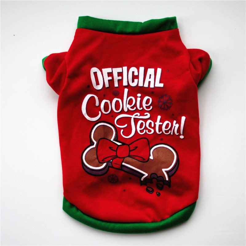 Red Christmas snowman dog T-shirt, festive pet clothing with winter-themed design