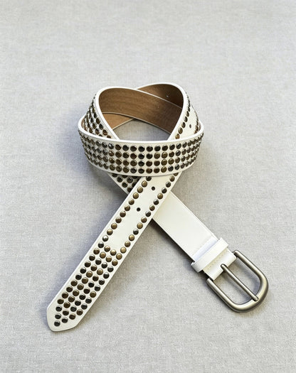 Black and white minimalist fashion belt displayed against a plain background