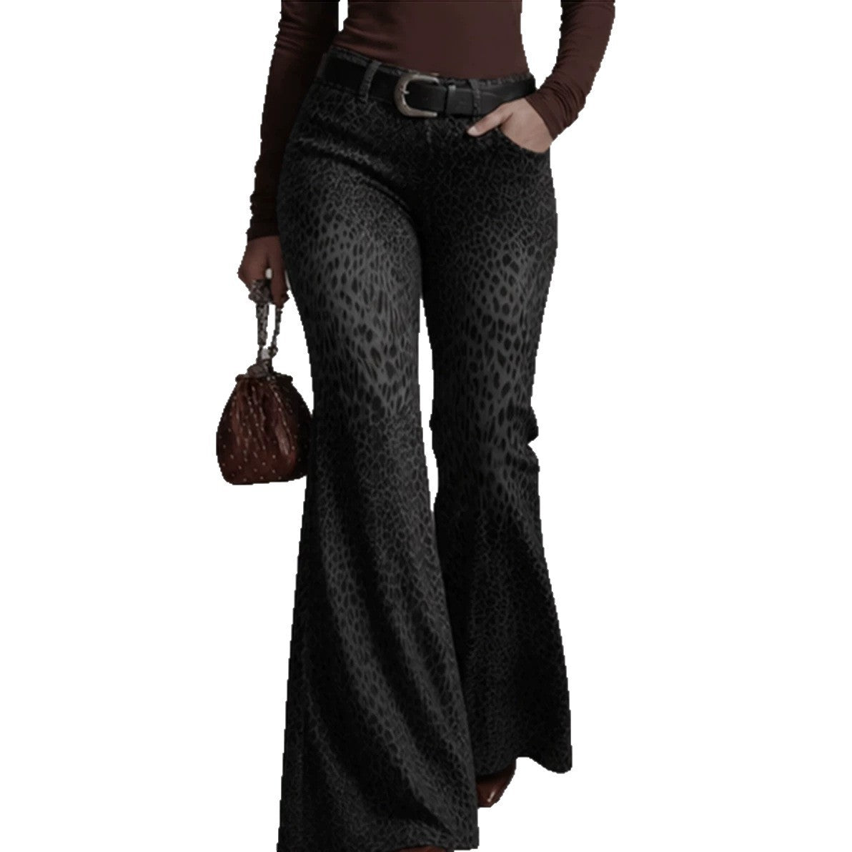 Women's retro leopard-print high-waisted flare pants in a bold animal print design