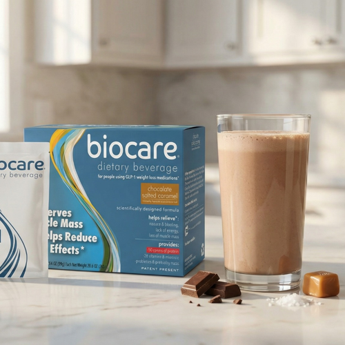 Biocare 30g protein chocolate salted caramel dietary beverage, 14-count pack with individually wrapped protein chocolates.