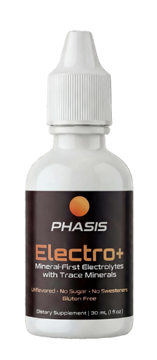 PHASIS Electro+ Drops in a 30ml bottle, clear liquid supplement for electrolyte balance and hydration.