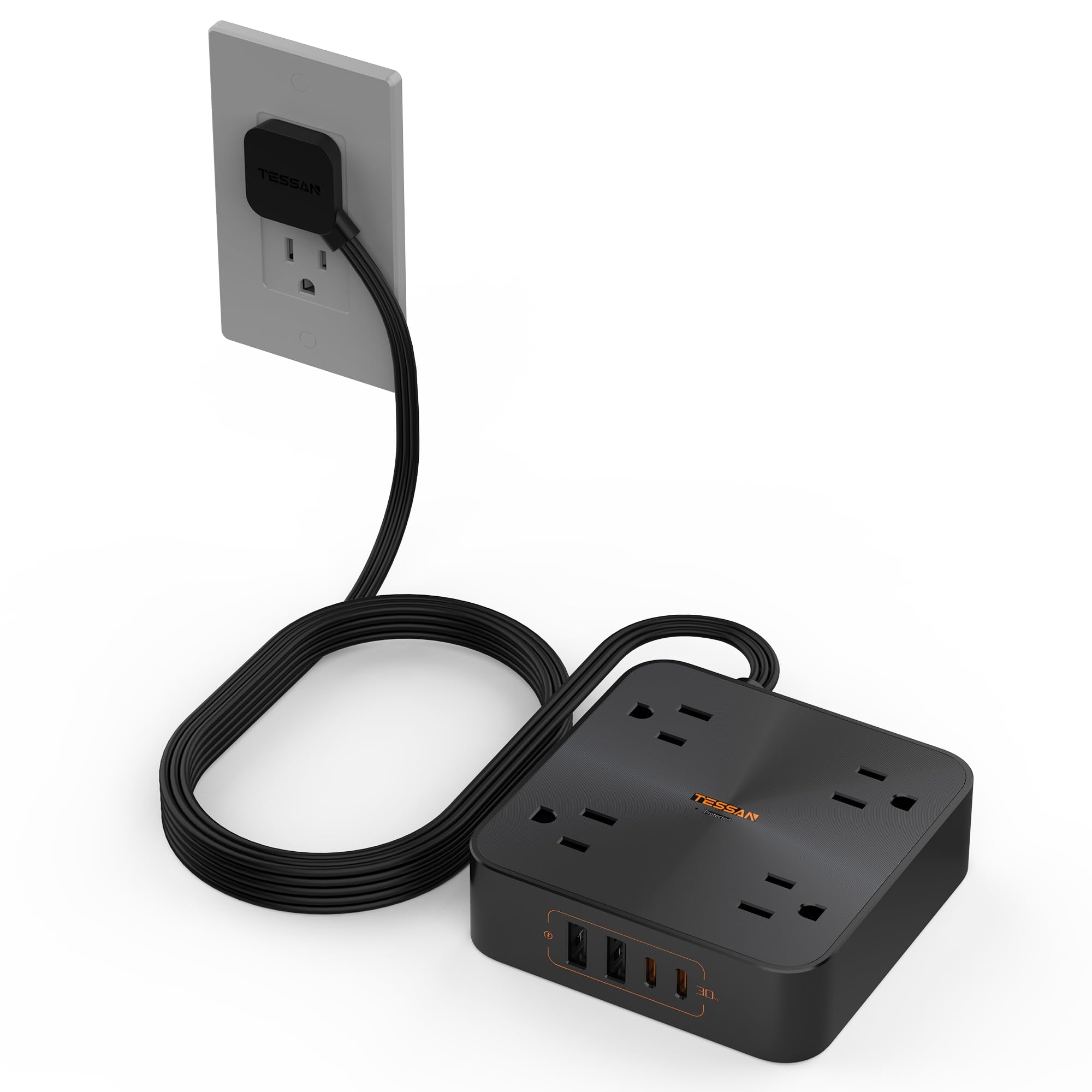 30W USB C Power Strip TESSAN Fast Charger Surge Protector with 4 Outlet Extender 6 FT Flat Plug Extension Cord 4 USB Block Power Delivery (2 USB C) for Office Supplies Dorm Room Essentials Black - BACKUPMYFILESNOW.COM®