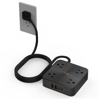 Black 30W USB C power strip with 4 outlets, 2 USB-C ports, 4 USB ports, surge protector, and 6-ft flat plug extension cord.