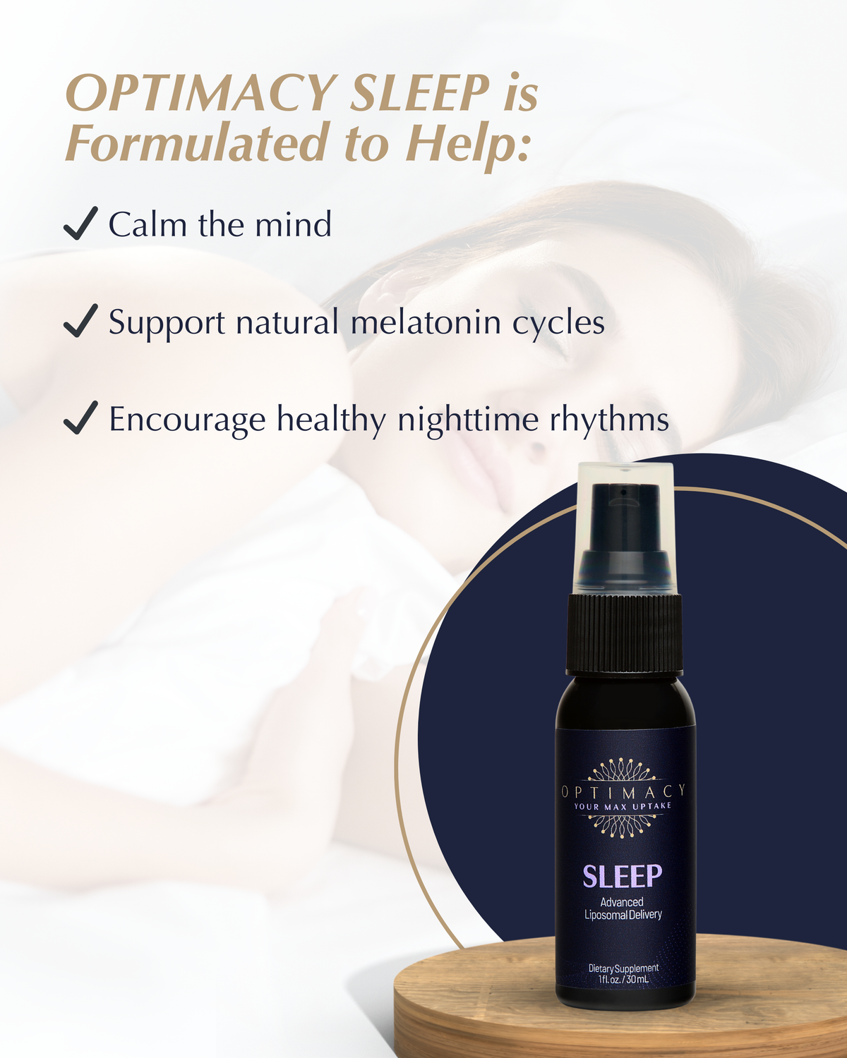 Liposomal Sleep Aid by OPTIMACY in a clear bottle, showing capsules designed to promote restful sleep naturally.