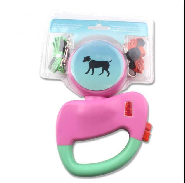 Retractable dual pet dog walking leash with twin leads and ergonomic handle