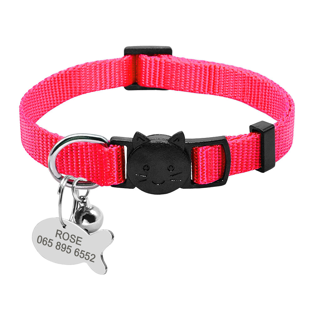 Personalized safety breakaway nylon quick release cat collar with ID tag set, Type 7, shown on white background