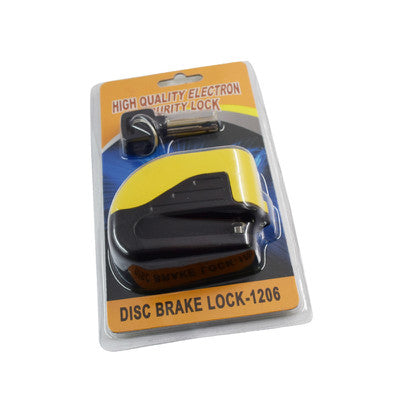 Motorcycle alarm disc brake lock, compact anti-theft security lock with visible metal body and locking pin