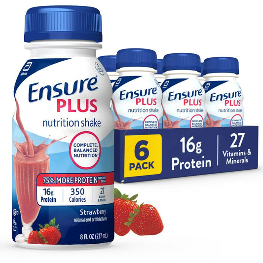 Ensure Plus Nutrition Shake in strawberry flavor, 6x8 oz bottles, for fitness and nutrition from Pasteur Pharmacy.