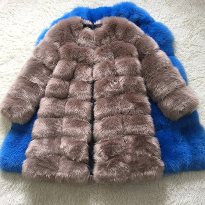 Thick warm fur coat for women, full-length winter outerwear in soft brown fur