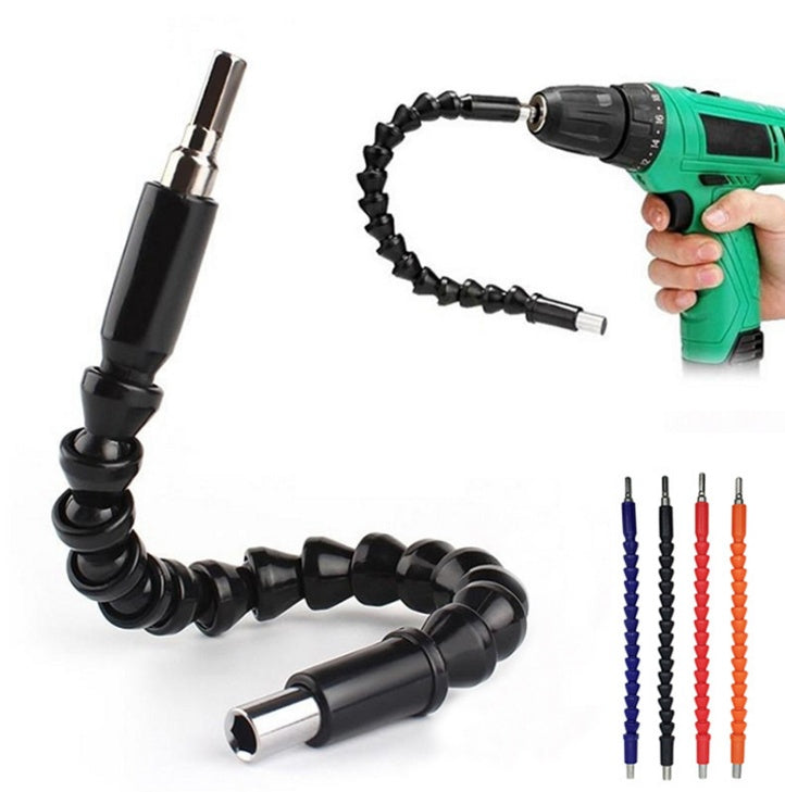 Flexible shaft drill bit holder, showing the bendable shaft and hex shank adapter for power tools