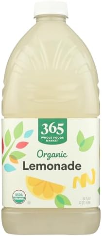 Bottle of 365 by Whole Foods Market organic lemonade, 64 fl oz, with fresh lemons and vibrant label on a white background.
