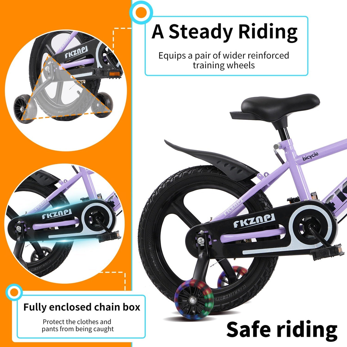 Kids bike with training wheels and adjustable seat, 16-18 inches, in bright colors, designed for young children learning to ride.