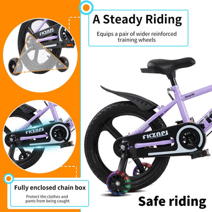 Kids bike with training wheels and adjustable seat, 16-18 inches, in bright colors, designed for young children learning to ride.
