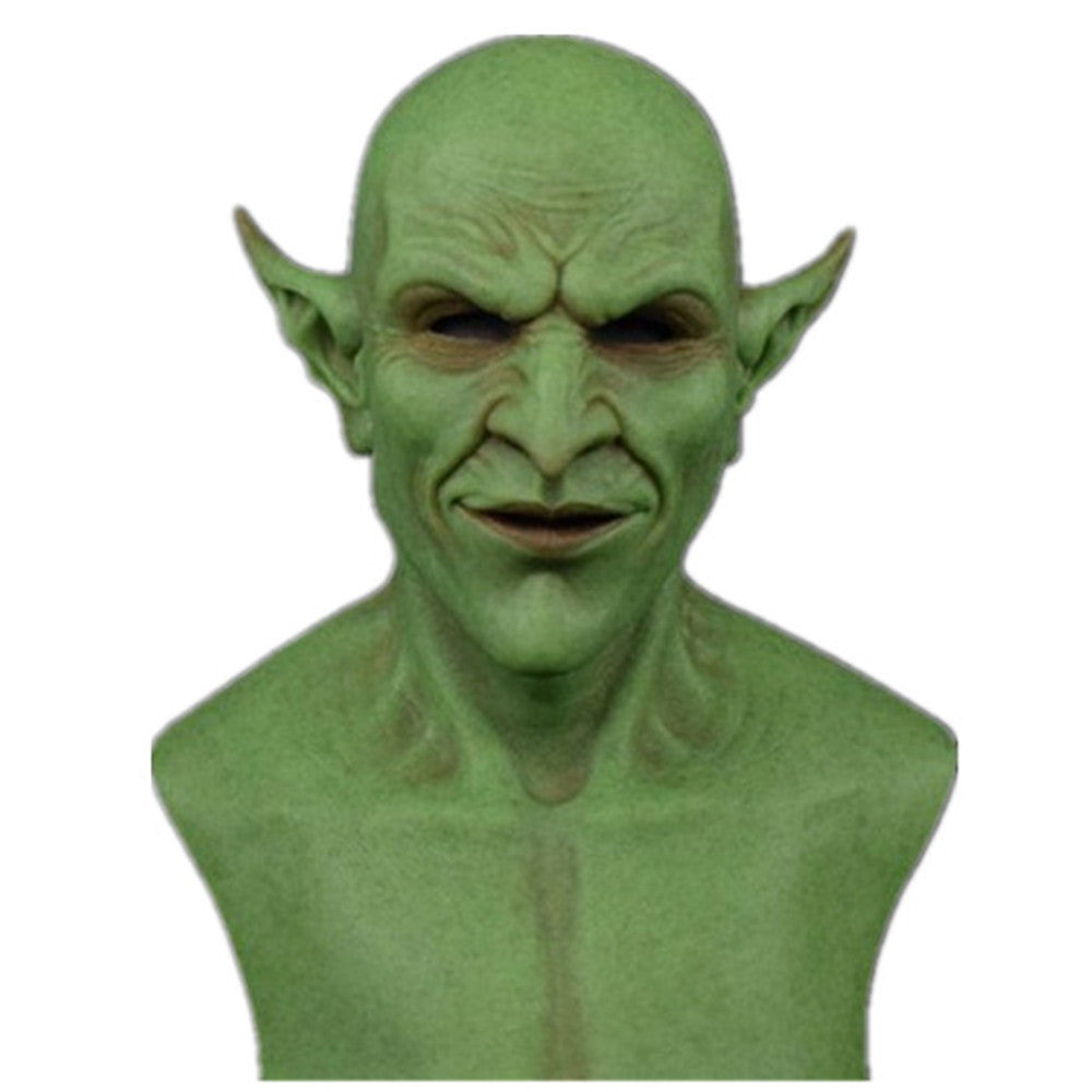 Halloween imp demon mask headgear with horns and sinister facial details, front view