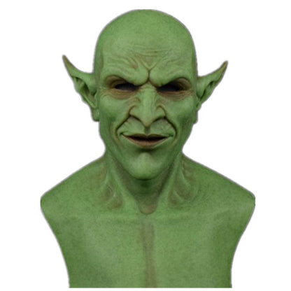 Halloween imp demon mask headgear with horns and sinister facial details, front view