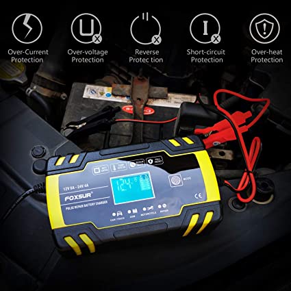 Motorcycle car battery charger with compact portable design, front control panel, and power cable