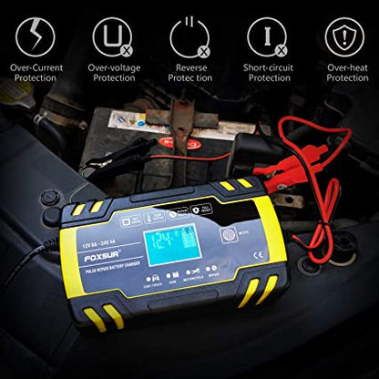 Motorcycle car battery charger with compact portable design, front control panel, and power cable