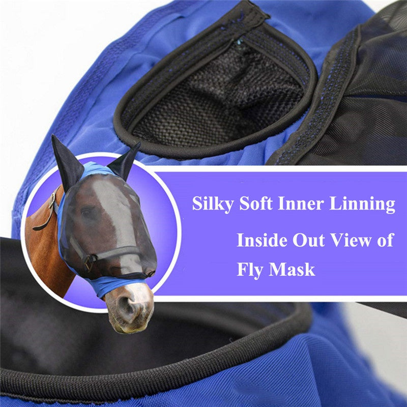 Mosquito-proof summer horse mask with protective mesh coverage over the horse’s face and ears