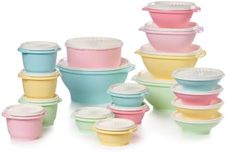 Tupperware Heritage 36-piece vintage pastel food storage container set with 18 containers and 18 lids, featuring colorful pastel designs.