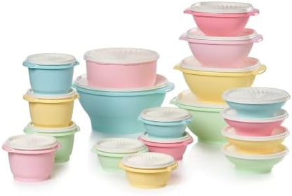 Tupperware Heritage 36-piece vintage pastel food storage container set with 18 containers and 18 lids, featuring colorful pastel designs.