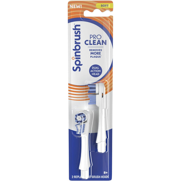 Pasteur Pharmacy Spinbrush Pro Clean 8+ soft replacement toothbrush heads with blue and white bristles for gentle oral care.
