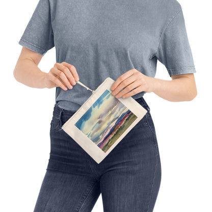Eco-friendly pouch with original artwork "Tranquil Mountain View 1" by Barbara Cleary, featuring nature-inspired design and durable fabric.