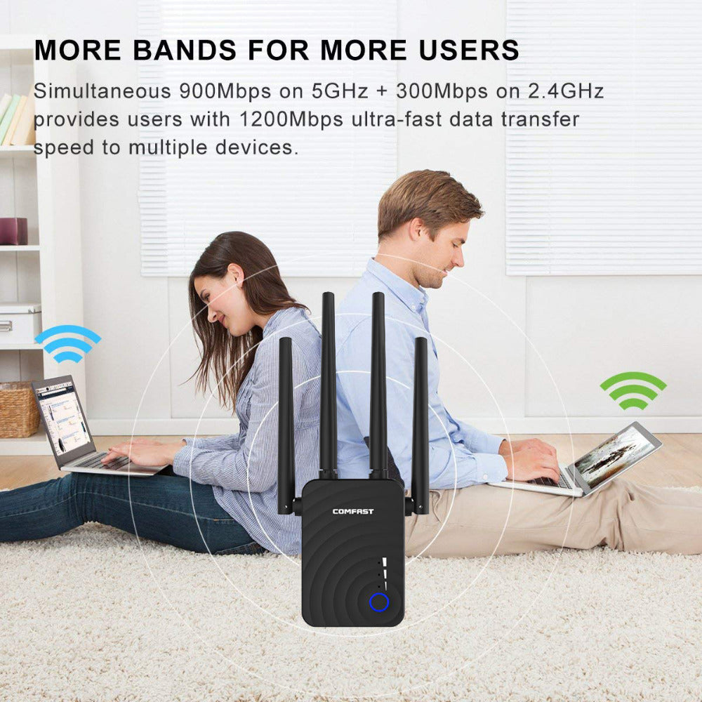 Dual-band 1200-megabit wireless relay router with compact design; brand not visible in image