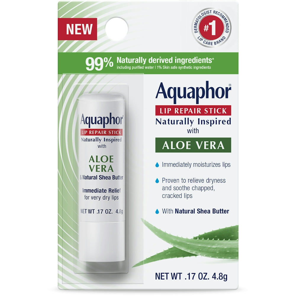 Eucerin Aquaphor Lip Repair Stick with Aloe Vera in 0.17 oz, showing the soothing lip balm stick on a white background.